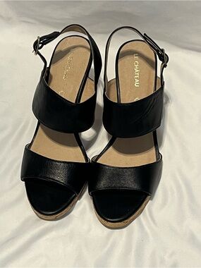 Le Château Black Leather Slingback Cork Wedges Size 8